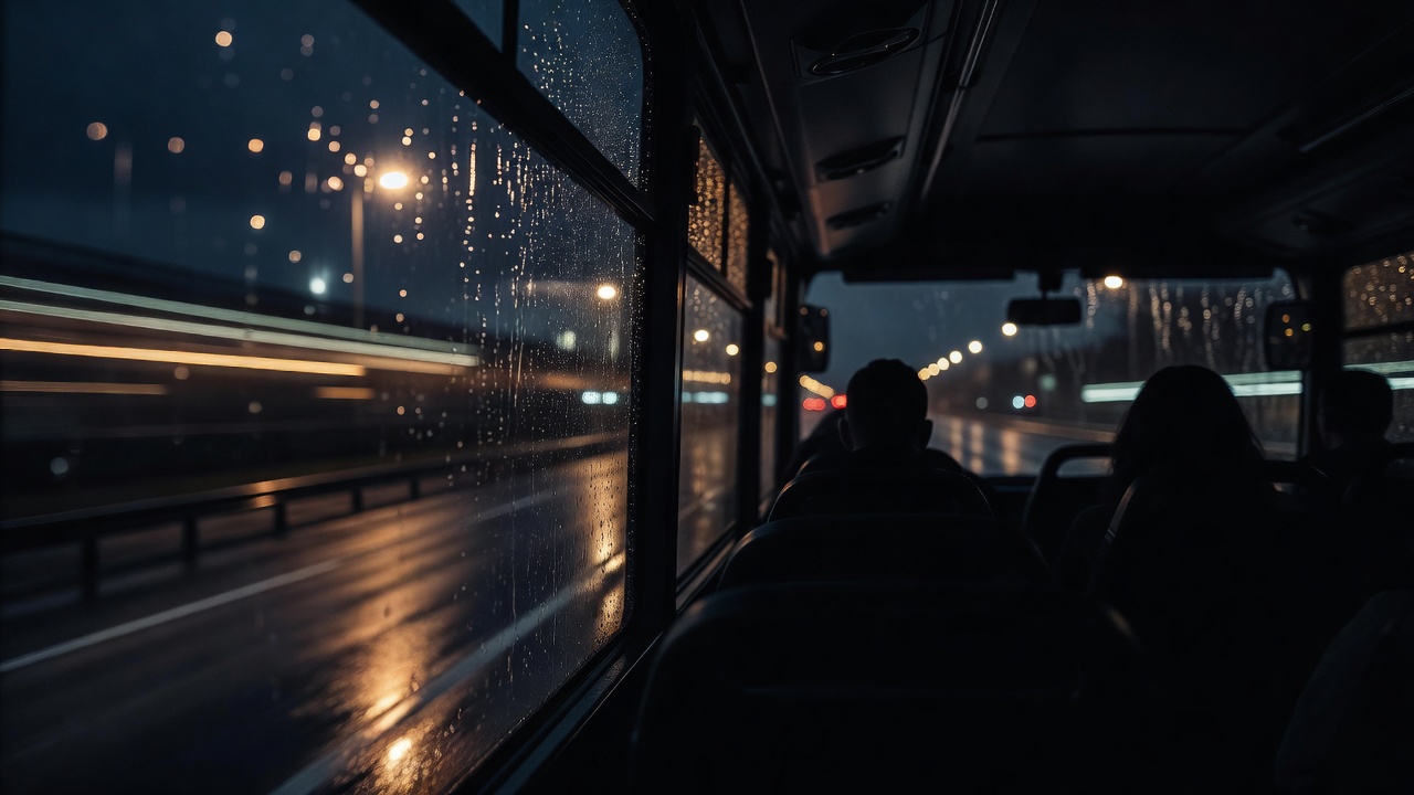 夜间长途客车车窗外掠过的路灯与雨痕，车内座椅轮廓隐在暗光里